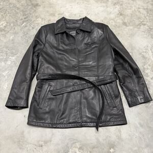 Rare Corvette Leather Belted Jacket Embroidered Button Black Jacket Large Womens
